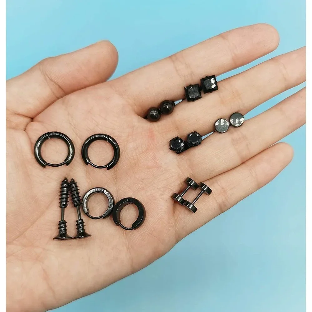 14 pairs Punk Black Hoop Dangle Stud Earrings